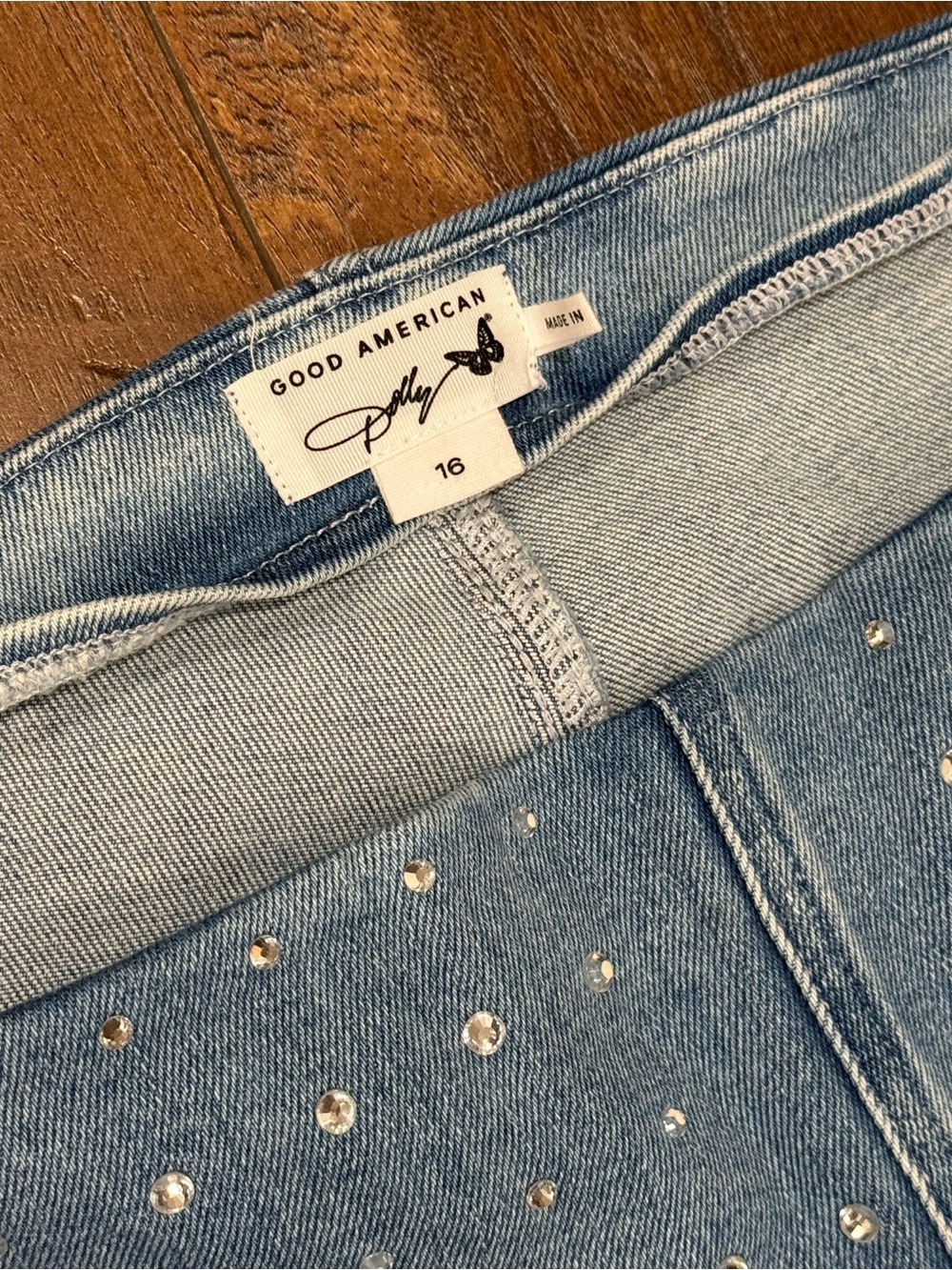Good American Light Blue Flare Jeans with Rhinestone Accents Dolly Edition